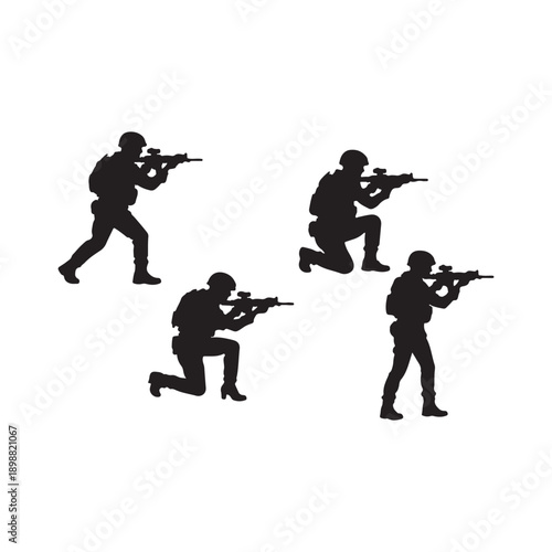 Set of military soldier silhouettes in tactical combat poses with rifles.