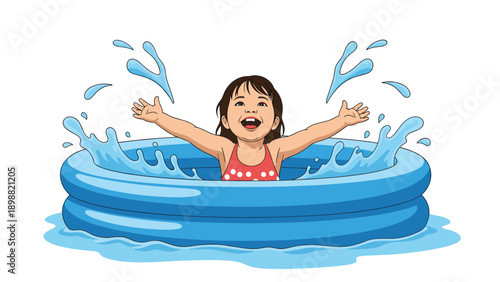 Happy little girl splashing water with her arms wide open while playing in a small blue inflatable swimming pool.