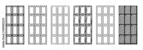 Set of six chocolate bar illustrations in various black and white line art styles, including solid, dashed, dotted, sketchy, simple, and textured for graphic design elements