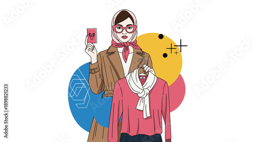 Elegant woman wearing a coat and headscarf holding a credit card while looking at a pink sweater during a shopping trip.