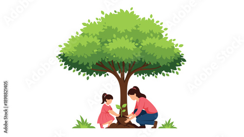 Loving mother and her young daughter planting a small green sapling together under the shade of a large lush tree.
