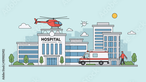 Modern hospital building complex featuring a landing pad with a red helicopter, an ambulance, and green trees.