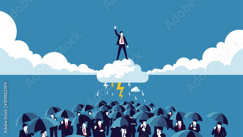 Successful leader in a suit standing on a white cloud while a group of people below him hold umbrellas in the rain.