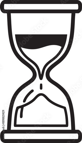 Minimalist black and white hourglass illustration with sand actively falling from the top chamber to the bottom, symbolizing the relentless passage of time.