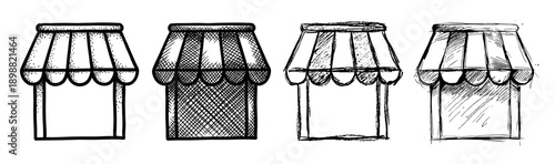 Set of four hand-drawn market stall illustrations in a black and white ink sketch style, showing different textures like stippling and cross-hatching