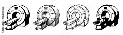 Set of four hand-drawn MRI scanner illustrations in various sketch styles, showing the medical equipment used for tomography and diagnostic imaging in black and white ink