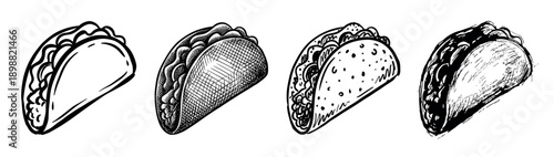 Four hand-drawn tacos in various artistic styles, showcasing a collection of graphic illustrations from simple line art to detailed cross-hatching and rough sketches