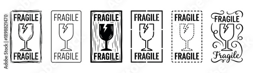 Collection of black fragile warning labels in various artistic styles including sketch, stencil, and stamp designs with a broken glass symbol for shipping and logistics