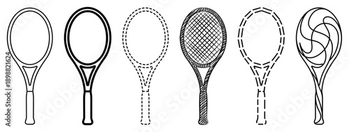 Six black and white tennis racket icons in various graphic styles including line art, silhouette, dashed outline, and abstract design for sports equipment concepts