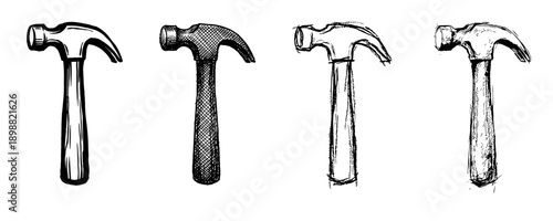 Set of four hand-drawn hammers illustrated in various sketch styles, including line art, crosshatching, and scribble techniques for a graphic design or DIY concept