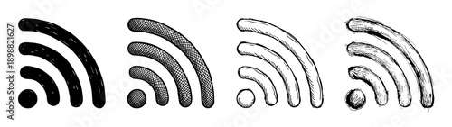 Set of four hand-drawn Wi-Fi symbols in various artistic sketch styles, including solid black, cross-hatching, and rough doodle textures for a creative technology concept