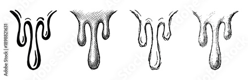Set of four black ink dripping liquid illustrations with different hand-drawn textures like hatching and stippling, perfect for graphic design or graffiti art concepts
