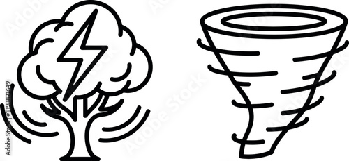 Illustration depicting weather phenomena of a thunderstorm and a tornado