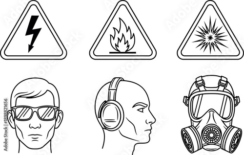 Safety symbols and protective gear for hazard awareness and prevention