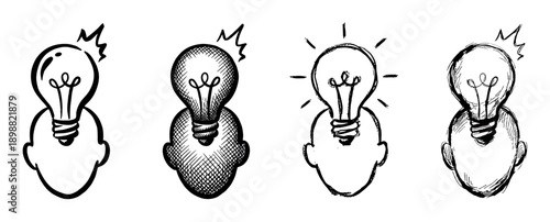 Set of four hand-drawn lightbulb illustrations emerging from a human head, symbolizing creativity, innovation, and brainstorming in a sketchy black and white doodle style collection