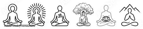 Collection of black line art icons depicting meditation, yoga, and spiritual concepts, including Buddha under a tree, the Om symbol, and a figure in a lotus pose