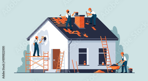 Construction workers diligently renovating a house, performing roof repair, painting, and general building improvements in a detailed illustration