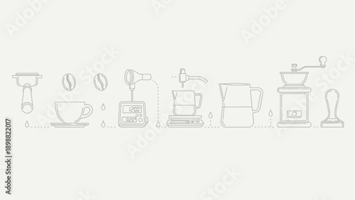 Illustration of coffee brewing process with tools and ingredients