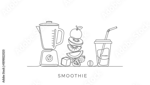 Line art illustration of a blender with fruits and a smoothie cup