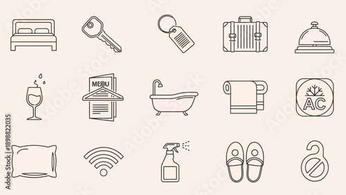 Hotel service icons and travel symbols set.