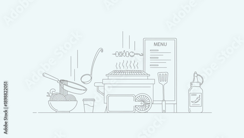 Street food cooking setup with grill, pans, and menu.