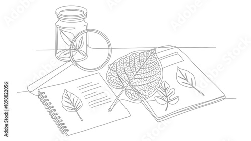 Botany study with leaves, magnifying glass, and notebook