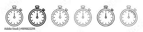 Set of six black stopwatch icons in various line art styles including bold, dashed, dotted, and hand-drawn sketch for representing time measurement and deadlines