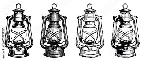 Set of four vintage kerosene lanterns illustrated in different black and white graphic styles from clean line art and engraving to a rough, hand-drawn sketch