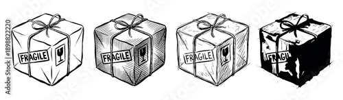 Four hand-drawn cardboard boxes with fragile stickers and string bows are shown in a row, illustrating different artistic sketch styles from line art to high-contrast ink