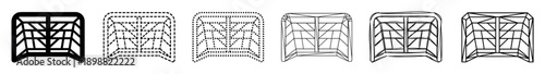 Set of six sports goal icons presented in various graphic styles including silhouette, dashed, dotted, line art, hand-drawn sketch, and geometric wireframe design