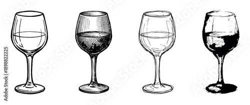 Set of four hand-drawn wine glasses in various artistic styles, including detailed sketch, line art, and ink blot illustration for a restaurant menu or winery design