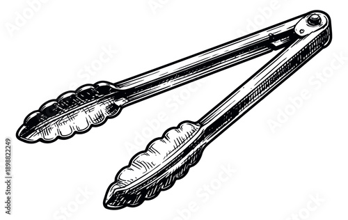 Hand drawn illustration of kitchen tongs depicting an open kitchen tool for food preparation