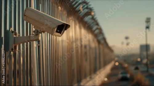 Security camera mounted on fence in urban environment during sunset  
