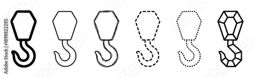 Set of black crane hook icons in various outline styles including bold, thin, sketch, dashed, dotted, and geometric for industrial and construction design