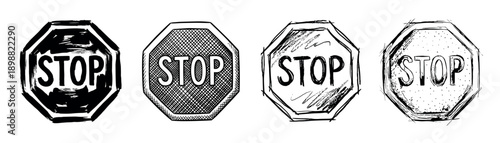 Four black and white hand-drawn stop signs in a collection of different artistic styles including brush stroke, crosshatching, and sketchy doodle illustrations for traffic concepts