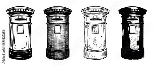 Four traditional pillar post box illustrations in a collection showing different artistic styles like line art, engraving, sketch, and silhouette for a vintage communication theme