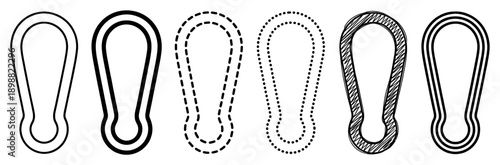 Set of six black paperclip outline icons showing different line art styles including solid, dashed, dotted, and a hand-drawn scribble for stationery concepts