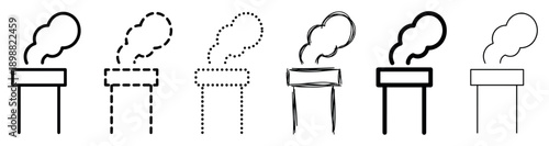Six black and white chimney icons with smoke presented in a variety of line art styles including solid, dashed, dotted, and a hand-drawn sketch for graphic design