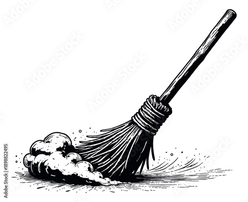 Hand drawn line art illustration of a broom depicting sweeping dust for cleaning concepts