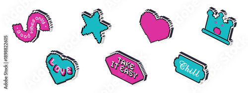 Set of retro pixel art stickers. Trendy blue and pink isometric badges for adding a playful, nostalgic vibe to digital projects, social media, games etc.