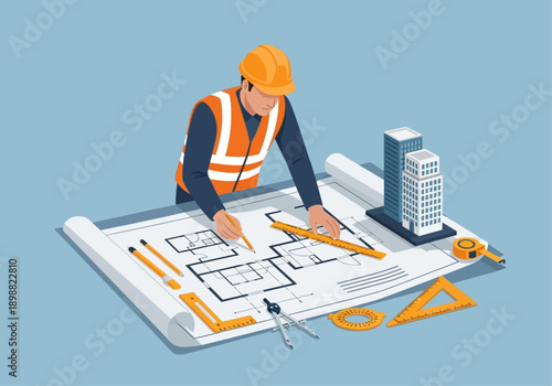 Skilled engineer meticulously crafting an architectural design blueprint, focusing on detailed construction planning and urban development with professional tools