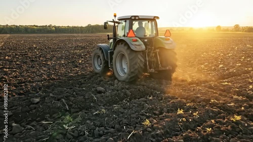 Farmer driving a green tractor on a large plowed field during golden hour. Agricultural farming in springtime for land preparation.
