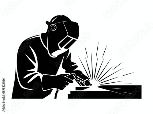 Welder focusing intently while performing precision metalwork on a flat surface isolated on white background, Vector, illustration