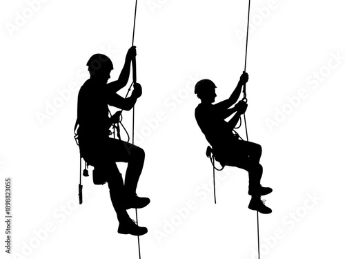 Two climbers ascending a vertical rope with safety gear in silhouette against a plain background isolated on white background, Vector, illustration
