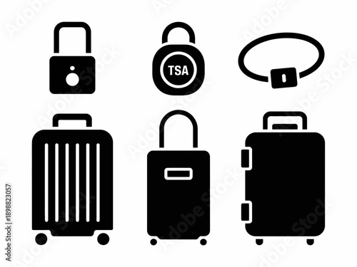 Secure luggage collection with various lock types for travel safety isolated on white background, Vector, illustration