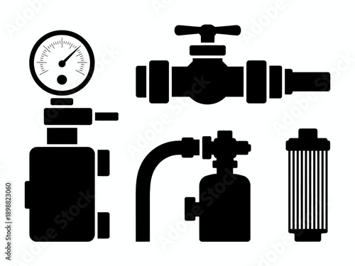 Collection of plumbing and gas control tools and devices in black and white illustration isolated on white background, Vector, illustration
