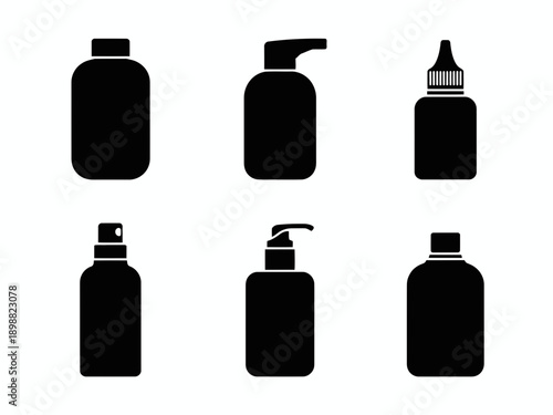 Six different types of spray bottles and pump containers in black silhouette style isolated on white background, Vector, illustration