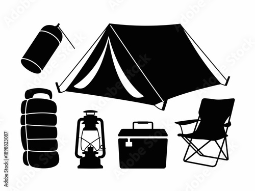 Essential camping gear set up for outdoor adventure preparation isolated on white background, Vector, illustration
