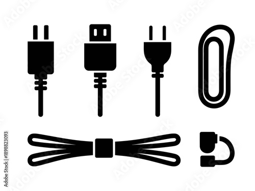 Collection of various types of computer and audio cables and connectors isolated on white background, Vector, illustration