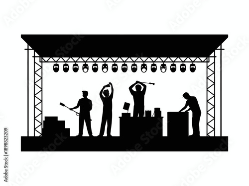 Band performing on stage with stage crew assisting backstage during a concert isolated on white background, Vector, illustration